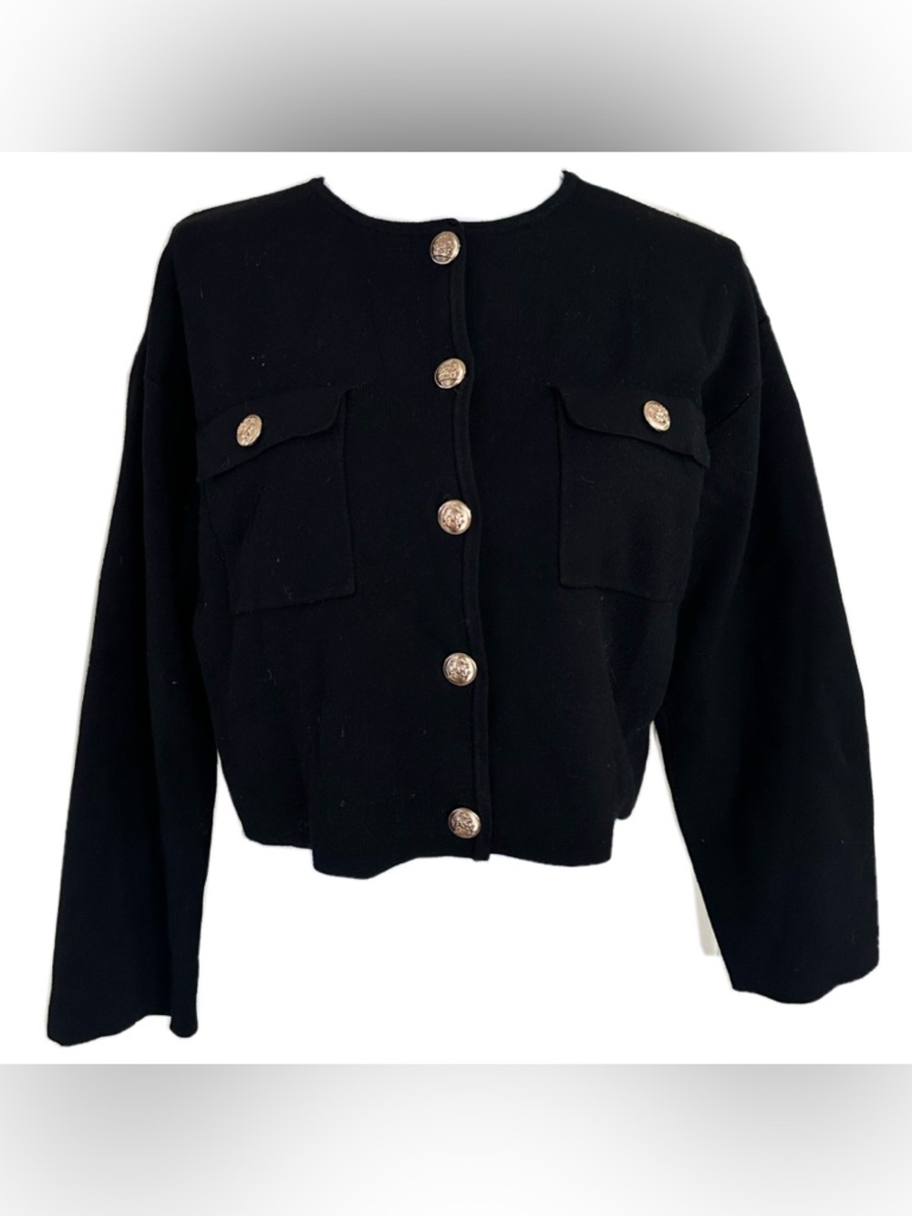 H&M Black Cropped Crewneck Blazer with Gold-Tone Buttons